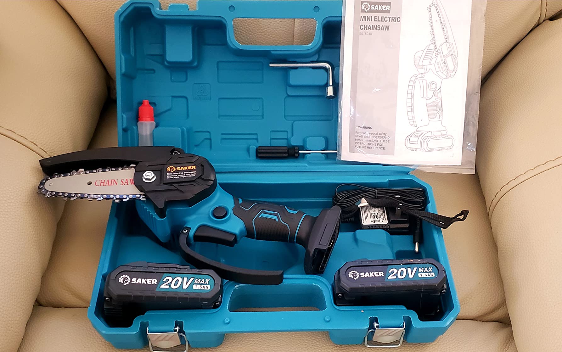 Blue Saker Mini Chainsaw in open box